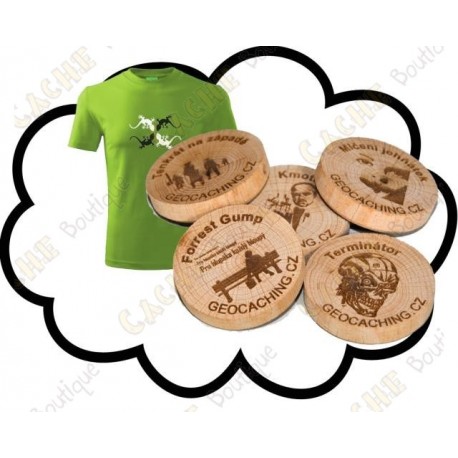 T-shirt + Géocoins en bois personnalisés x 50